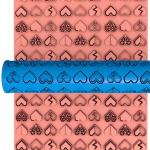 May include: A blue rolling pin with a heart pattern embossed on the surface. The rolling pin is rolling over a pink surface with a heart pattern.