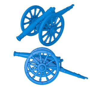 May include: Two blue toy cannons are displayed against a white background. Each cannon has a barrel, carriage, and two large wheels. The cannons are a solid, bright blue color.
