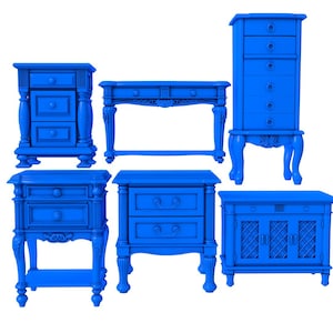 May include: A collection of blue bedroom furniture, including nightstands, a desk, and a tall chest of drawers. The furniture has ornate details and curved legs, creating a classic aesthetic. The pieces are all painted in a solid blue color.