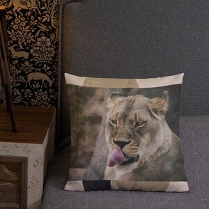 Premium Pillow | Lioness Tongue Sticking Out | Machine Washable Pillow Cover + Comfy Pillow Insert Set