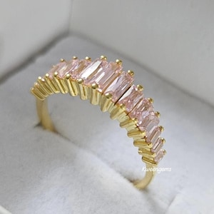 1.95Ctw Baguette Cut Natural Pink Sapphire Half Eternity Wedding Band/ 14K Yellow Gold or Silver Minimalist Bridal Ring/ Women's Girls Gift