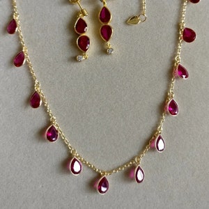 8Ct Pear Cut Red Ruby Teardrop Charms Necklace for Women's Anniversary Gift/ 14K Yellow Gold 18" Cable Chain Minimalist Earrings Jewelry Set