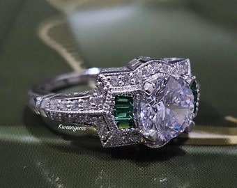 Edwardian 2.30Ct Rundschliff Diamant Art Deco Verlobungsring für Frauen / 14K Weißgold oder Silber Antiker Statementring / viktorianischer Vintage Ring