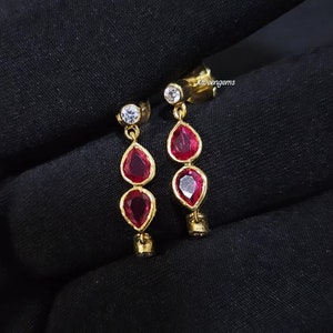 1.44 Ctw Pear Cut Natural Red Ruby Dangle Drop Women&#39;s Earrings/ 14K Yellow Gold or Silver Push Back Diamonds Stud/ Anniversary Gift for Her