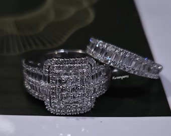 Luxuriöses 2-teiliges Set 2.80Ctw Baguetteschliff Diamanten Cluster Frauen Eheringe / Silber oder 14K Weißgold Verlobung Stapelbares Eternity Band