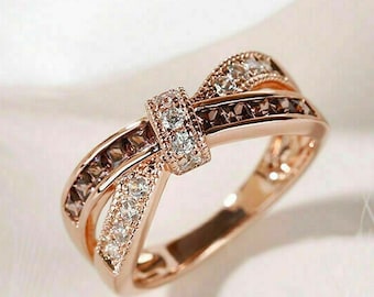 Princess Cut Smoky Quartz Ring, Rose Gold Bow Knot Cocktail Ring
