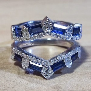 Enhancer Wrap 2,40 CT natuurlijke blauwe saffier stokbrood geslepen trouwring / 14 kt goud of zilver stapelbare diamanten damesring spacer jacket