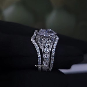 2.60 Ctw Marquise Cut Diamonds Trio Wedding Ring Set/ 3-pcs Art Deco Victorian Vintage Solitaire Ring/ 14K White Gold or Silver Bridal Rings