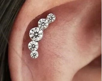 Moissanite Helix Earring, 14K Gold Cartilage Stud, Bezel Set