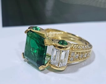 Edwardian Art Deco 3.50Ct Asscher Cut Natürlicher Grüner Smaragd Damenring / Antiker Diamanten Verlobungsring aus Silber oder 14K Gelbgold