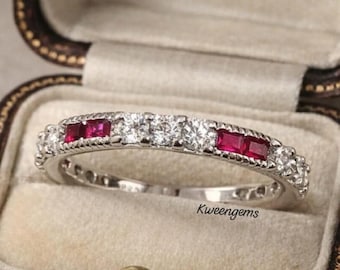 Roter Rubin Eternity Band, 14K Gold & Silber, Art Deco Vintage Stapelring