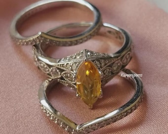 Set di anelli trio vintage Art Déco, oro 14 carati e argento, citrino naturale, taglio marquise