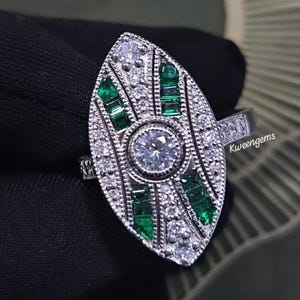 Art Deco Navette 2,90 TCW natuurlijke groene smaragd damesjubileumring/ 14 kt witgoud of zilver vintage statement antieke moissaniet ring