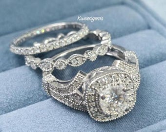 Victorian Vintage 3-pcs Trio Ring Set, Halo Diamonds Bridal Stack, 14K Gold & Silver