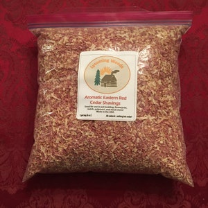 Aromatic eastern red cedar shavings, one gallon zip lock bag, approximately 6 oz.  Bulk order discounts available.