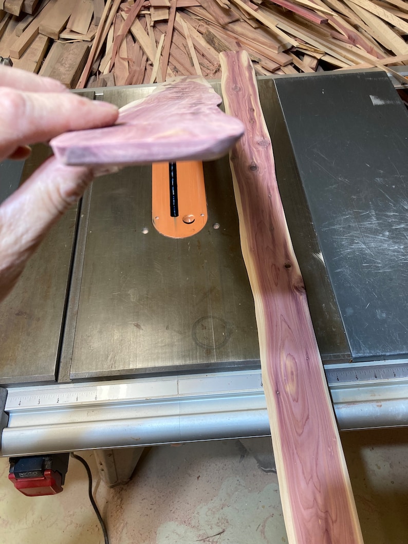 May include: A piece of unfinished cedar wood, held up to show the grain and color. The wood is a light purple-red hue. A long, unfinished cedar plank is next to it on a table saw.