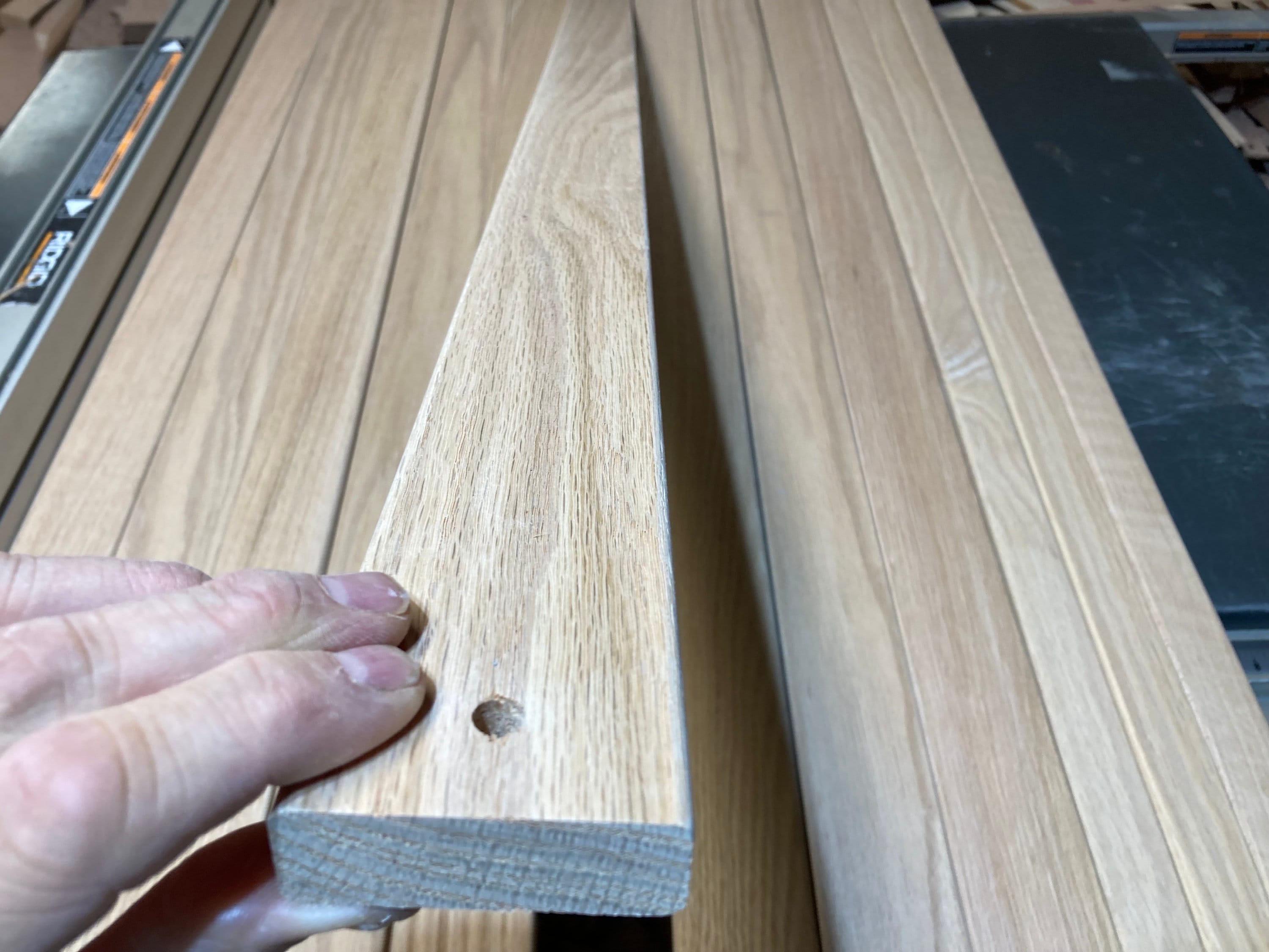 Red Oak slats, 5 pieces at 3/4” x 2-1/2” x 48”, 5/16” Dia holes 3/4” from each end, centered, rounded edges