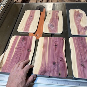Six wall planter base plates, live edge eastern red cedar, approx 3/8” x 4”- 7” x 8” - 10”, with 1/4” mounting hole at top center.