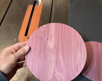 Aromatic Eastern Red Cedar, one circular disk and one rectangular board, description below.