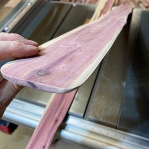 May include: A piece of unfinished cedar wood with a natural edge, displaying a vibrant purple hue. The wood grain is visible, and the piece is held near a table saw, suggesting woodworking or craft projects. The wood appears to be approximately 30 inches long.