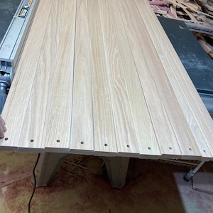 Red Oak slats, 12 pieces total, 9 at 3/4” x 2-1/4” x 48”, 3 at 3/4” x 1-1/2” x 48”, 5/16D” holes 3/4” from each end, centered, rounded edges