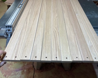 12 pcs 3/4” x 48” Red Oak slats, 9 @ 1-7/8w,  2 @ 1-1/4”w, and 1 @1”w, 5/16”D holes 3/4” from each end, rounded edges, outdoor varnish.