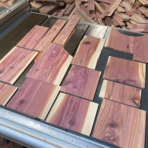 Eastern Red Cedar craft boards, odd lot sizes, some defects.  1/4” thick.