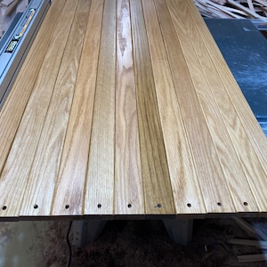 12 pcs Red Oak slats @ 3/4” x 2-1/4” x 48”, 5/16”D mounting holes, rounded edges, larger rounding on knee and back slats, outdoor varnish.