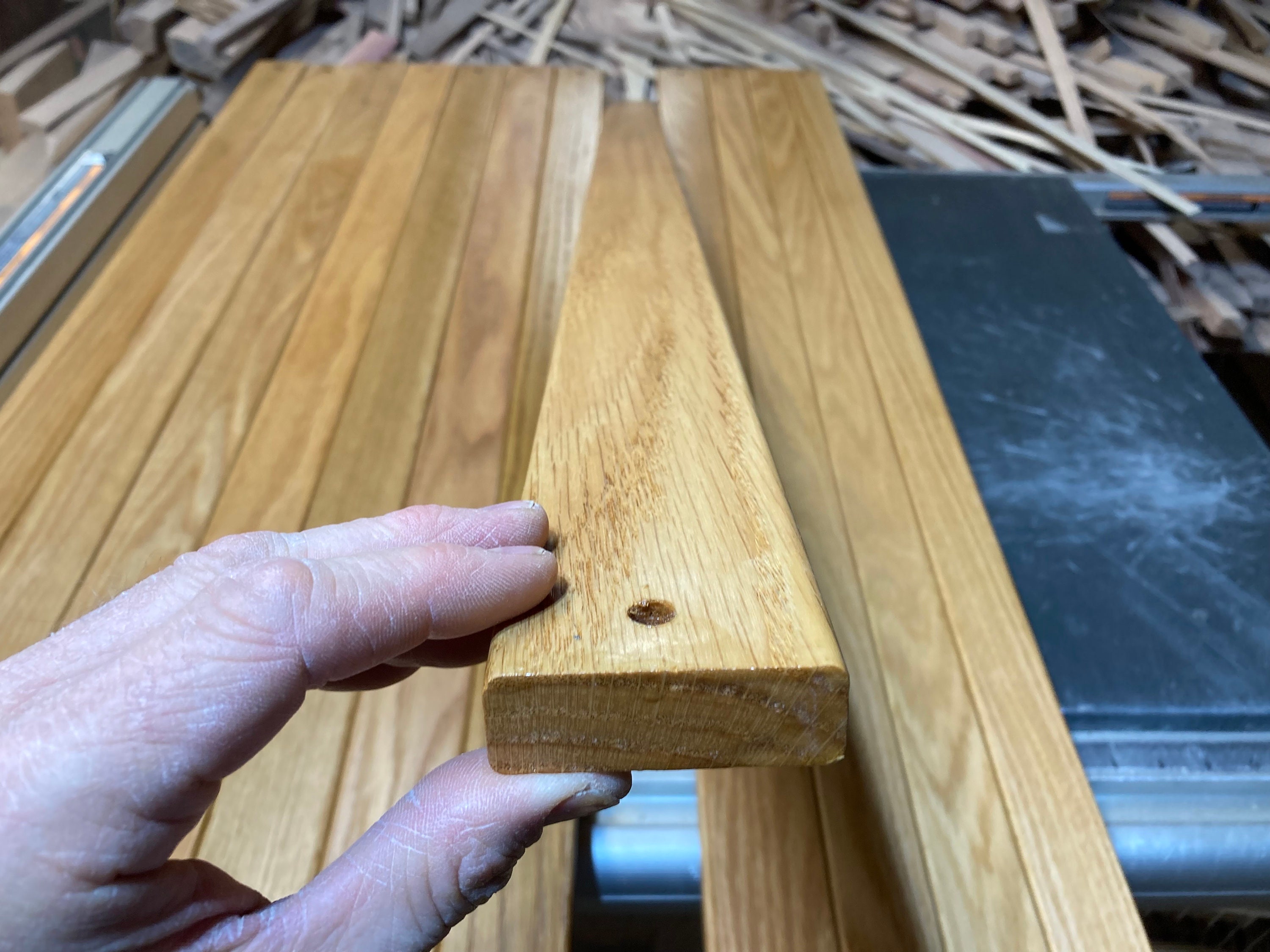 5 pcs Red Oak slats, 3/4” x 2-1/2” x 48”, rounded edges, w/ 5/16”D holes centered 3/4” from each end, finished w/marine spar outdoor varnish