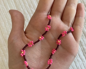 Pink seed bead flower necklace!