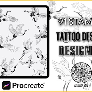 May include: A digital illustration of 91 crane stamps for tattoo design. The image shows a black and white illustration of cranes on a white background. The text "91 STAMPS TATTOO DESIGN DESIGNER" is displayed in black text on a white background. The Procreate logo is displayed in the bottom left corner.