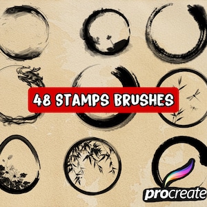 Può includere: 48 pennelli a timbro di inchiostro bianco e nero per Procreate. I pennelli presentano vari disegni, tra cui cerchi, foglie e libellule.