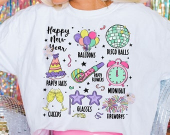 Happy New Year PNG Sublimation Digital Design Download, disco ball png, new years eve png, cheers png, 2025 png, party png, kids png designs