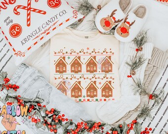 Gingerbread Houses PNG Digital Design Download, sweater pattern png, Christmas sweater png design, checkers png, christmas lights png design