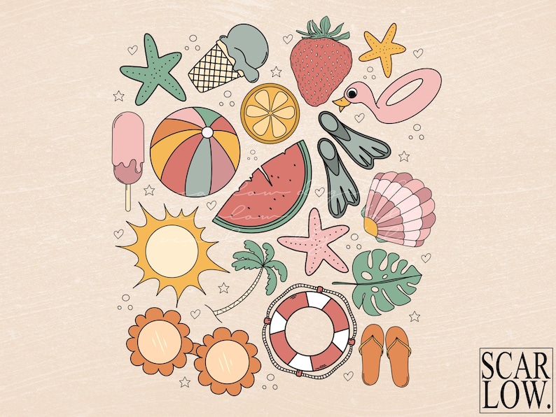 K&ouml;nnte beinhalten: Eine bunte Illustration von sommerlichen Motiven, darunter ein Strandball, eine Wassermelone, ein Eis am Stiel, ein Seestern, eine Sonnenbrille, ein Rettungsring, Flip-Flops, eine Palme, eine Muschel, ein Flamingo-Schwimmring und eine Sonne. Der Text "SCARLOW." befindet sich in der unteren rechten Ecke des Bildes.