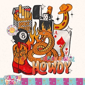 Howdy PNG Digital Design, yallternative png, cowboy png, western collage png, lucky cards png, trendy designs, png for women, 8ball png file