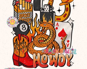 Howdy PNG Digital Design, yallternative png, cowboy png, western collage png, lucky cards png, trendy designs, png for women, 8ball png file