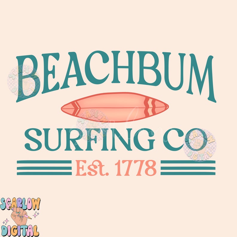 May include: Teal blue and white logo with the text "Beachbum Surfing Co. Est. 1778". A pink surfboard with white stripes is above the text.