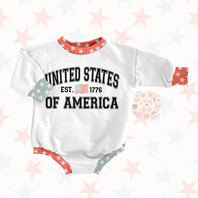 May include: White baby onesie with red and blue trim. The onesie has a graphic print of the American flag and the text "United States Est. 1776 Of America".