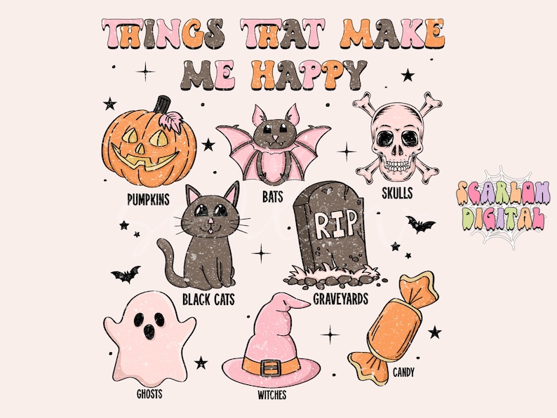 Puede incluir: Una ilustraci&oacute;n colorida de art&iacute;culos con tem&aacute;tica de Halloween con el texto "Things that make me happy" en la parte superior. Los art&iacute;culos incluyen calabazas, murci&eacute;lagos, calaveras, gatos negros, cementerios, fantasmas, brujas y caramelos.
