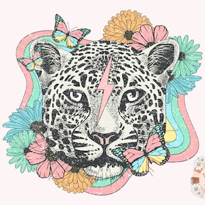 May include: A black and white leopard head with a lightning bolt on its forehead, surrounded by colorful flowers and butterflies. The background is a pink and blue swirl.