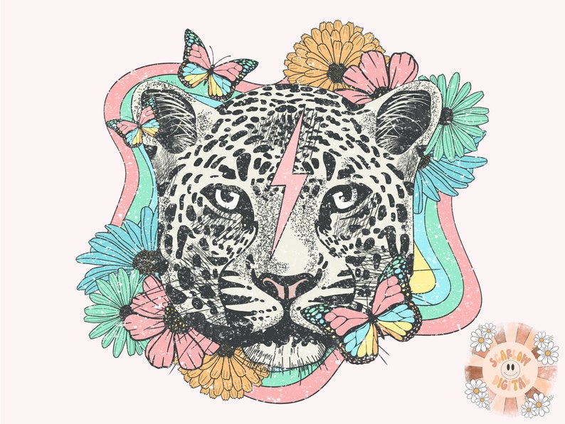 May include: A black and white leopard head with a lightning bolt on its forehead, surrounded by colorful flowers and butterflies. The background is a pink and blue swirl.