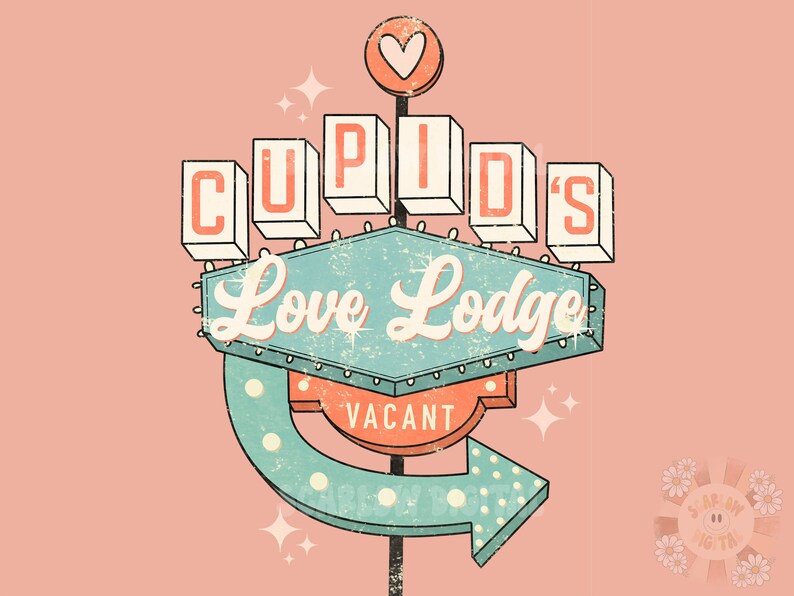 以下が含まれることがあります： 青と白のカラーリングで「Cupid's Love Lodge」と書かれた、ビンテージスタイルのモーテルの看板。看板の上には赤いハートがあり、右を指すネオンの矢印には「Vacant」の文字が書かれている。