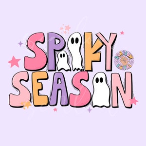 Op de afbeelding: Een kleurrijk grafisch ontwerp met de tekst "Spooky Season" in roze, oranje, paars en geel. Het ontwerp bevat drie witte geesten met zwarte ogen en een roze ster.