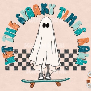 May include: A white ghost wearing blue and orange sneakers rides a skateboard with a checkered pattern underneath. The ghost is surrounded by a colorful text banner that reads "Meet the Spooky Times & Roll".