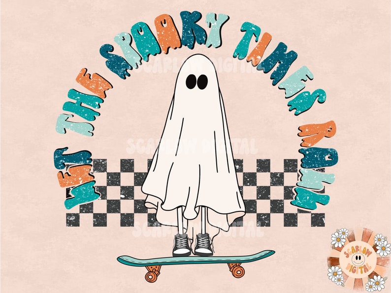 May include: A white ghost wearing blue and orange sneakers rides a skateboard with a checkered pattern underneath. The ghost is surrounded by a colorful text banner that reads "Meet the Spooky Times & Roll".