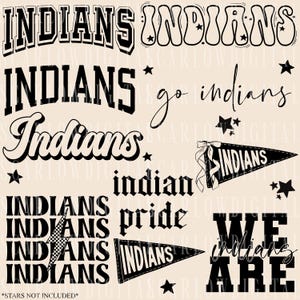 Könnte beinhalten: Schwarz-weiße grafische Designelemente mit dem Wort "INDIANS", das in verschiedenen Stilen und Schriftarten wiederholt wird. Der Text "indian pride" und "WE ARE indians" ist ebenfalls enthalten.