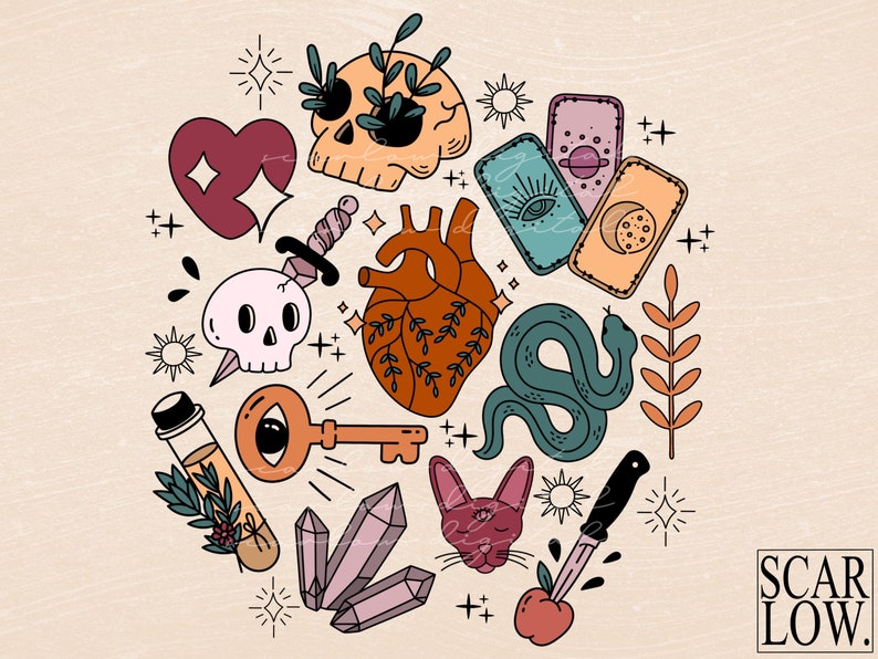 Op de afbeelding: Een kleurrijke illustratie met een verscheidenheid aan mystieke en occulte symbolen, waaronder een hart, een schedel, een sleutel, een slang, tarotkaarten, kristallen en een mes. De illustratie is geplaatst tegen een lichtbeige achtergrond en bevat de tekst "SCARLOW."