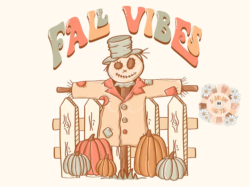 Op de afbeelding: Een cartoon-vogelverschrikker met een rode strik en een bruine hoed staat voor een wit hek. De vogelverschrikker is omringd door pompoenen en pompoenen. De tekst "FALL VIBES" staat in een kleurrijk lettertype boven de vogelverschrikker.