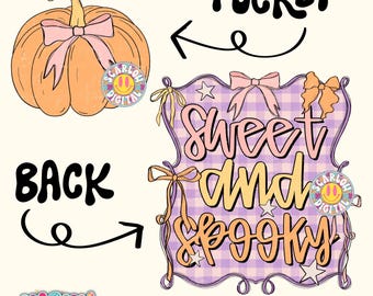 Sweet and Spooky PNG Front and Back Bundle Digital Design, fall png, coquette pumpkin png, bows png, little girl png, sleeve designs png